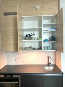 a kitchen with a counter and a sink and shelves at Simply chic Kamppi !NEW! in Helsinki +1 photo