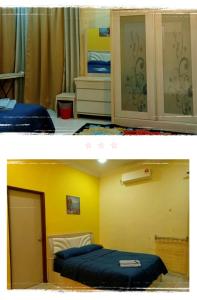 two pictures of a room with two beds at Mutiara Desaru Cottage in Bandar Penawar
