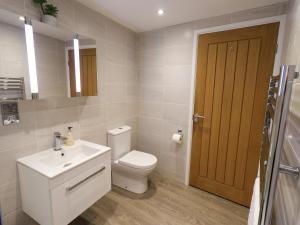 a bathroom with a toilet and a sink and a mirror at Courtyard Cottage in Ambleside +36 photos