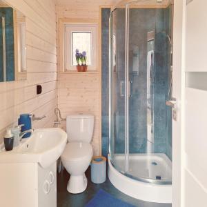 a bathroom with a toilet and a sink and a shower at Ostoja Wycinki domki letniskowe in Jaszczerz +37 photos