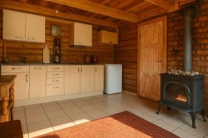 a kitchen with a stove and a refrigerator at Miguičionių sodyba in Migučionys