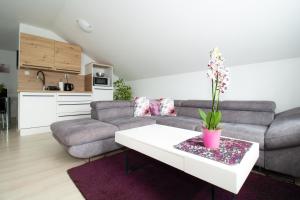 a living room with a couch and a coffee table at Apartman Keti in Donja Lomnica