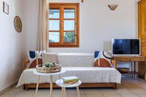 a living room with a couch and a tv at Terpsis Origin Villa in Stafylos