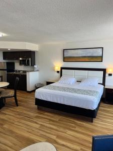 a hotel room with a bed and a kitchen at Flamingo Inn Beachfront - Daytona Beach in Daytona Beach +86 photos