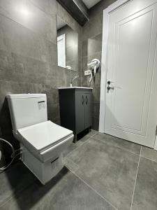 a bathroom with a toilet and a sink and a door at Piola Hotel Kadıköy in Istanbul