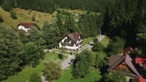 an aerial view of a large house in the forest at Vila Green & White in Moieciu de Sus