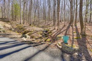 a blue bucket sitting on the side of a road in the woods at Close to Trails Studio with Water Views in Wurtsboro
