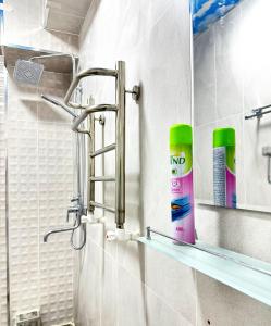 タシュケントにある3 rooms Apartment for 8 persons with kitchen & bathroomのバスルーム(歯磨き粉のボトル入り棚付) +57枚の写真