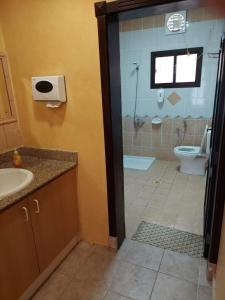 een badkamer met douche, wastafel en toilet bij Pool House at Janabiyah in Al Janabīyah