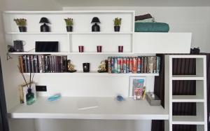 a white book shelf with dvds and cact at Apartment Sea heated Pool with Parking - Promenade Cannes Bredene in Bredene