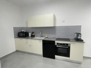 エイラットにあるApartment Eilatの白いキャビネットと黒い食器洗い機付きのキッチンが備わります。