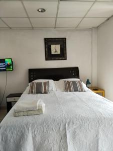 ein Schlafzimmer mit einem weißen Bett mit zwei Handtüchern darauf in der Unterkunft Suite Reforma Ahuehuete in Mexiko-Stadt + 20 Fotos