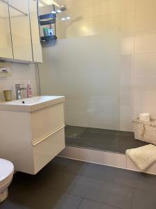 ein Badezimmer mit Dusche, Waschbecken und Toilette in der Unterkunft Exclusive Holiday Apartments in Villach + 37 Fotos