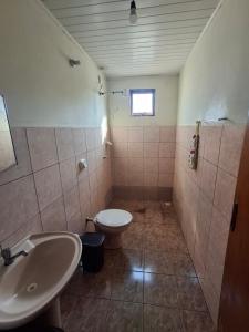 a bathroom with a toilet and a sink at Casa Para TECNOSHOW Comigo Rio Verde GO in Rio Verde