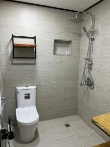 a bathroom with a toilet and a shower at Xalxal Balayi Hotel in Xalxal +21 photos
