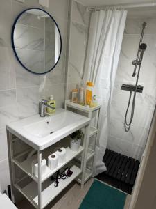 a bathroom with a sink and a shower with a mirror at Lisbon Secret & Graca Apartment in Lisbon