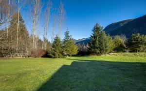 a large grass field with trees and mountains in the background at Making lasting memories while enjoying this unique glamping experience in Maple Falls