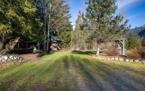 an open yard with a log cabin and trees at Making lasting memories while enjoying this unique glamping experience in Maple Falls