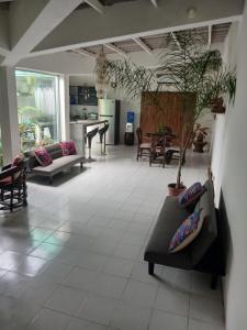 a living room with a couch and a potted plant at AGUACLARA un castillo de arena seguro y privado! in Ballenita