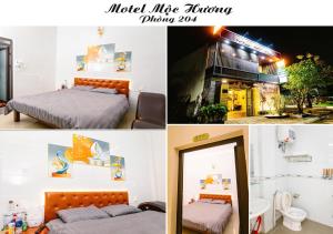a collage of pictures of a hotel room with two beds at Mộc Hương Residences & Herb in Hue