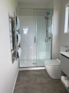 a white bathroom with a shower and a toilet at Horseinaround in Cambridge +23 photos
