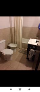 a bathroom with a toilet and a sink at Dpto con balcón in Olavarría +5 photos