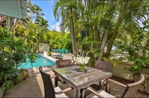 a patio with a table and chairs and a pool at villa lavanya in Bophut 