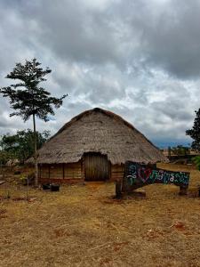 a hut with a grass roof on a field at Mondulkiri tour and family homestay in Krong Saen Monourom