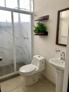 a bathroom with a toilet and a sink at Hotel and Suites Hortensias in Tapachula +11 photos