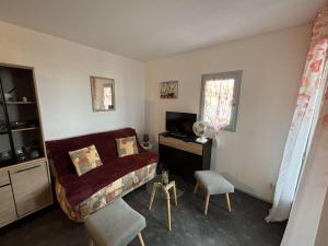 TV a/nebo společenská místnost v ubytování Studio cabine avec loggia fermée et parking à 800m de la plage, animaux admis - FR-1-229D-155