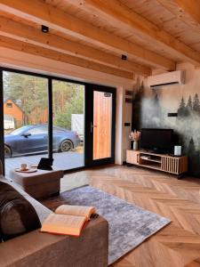 a living room with a couch and a tv at Clonowo 2 in Borsk