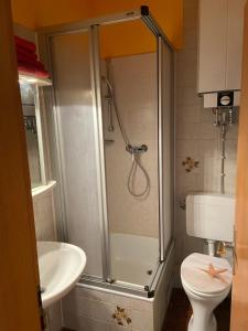 a bathroom with a shower and a toilet and a sink at Kleine Stranddüne in Cuxhaven