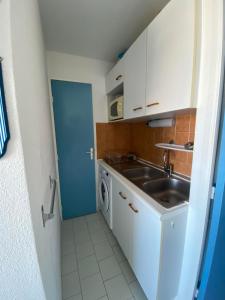 eine kleine Küche mit Spüle und Waschmaschine in der Unterkunft Softness of the shore on the port side in Frontignan