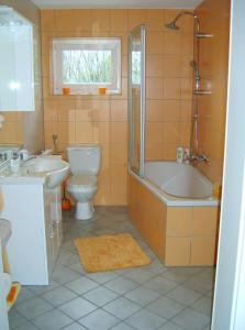 a bathroom with a toilet and a tub and a sink at Kolarnock in Feld am See