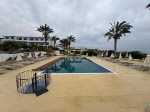 a large swimming pool with chairs and palm trees at Vrachia Beach Hotel & Suites - Adults Only in Paphos