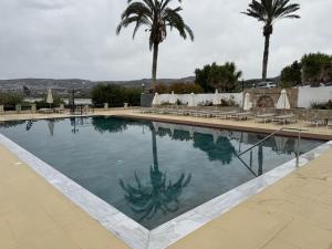 a large swimming pool with palm trees in the background at Vrachia Beach Hotel & Suites - Adults Only in Paphos