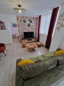 a living room with a couch and a tv at Appartement le ara in Auxerre