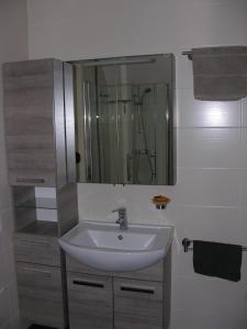 ラーデボイルにあるFerienwohnung Auenwegの洗面台とシャワー付きのバスルーム +2枚の写真