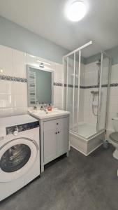 y baño con lavadora y ducha. en Le Panoramique, F2- vue imprenable, wifi & parking, en Blonville-sur-Mer