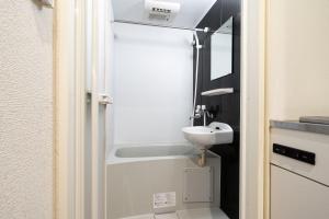 een badkamer met een wastafel en een spiegel bij City Oasis in Tokyo