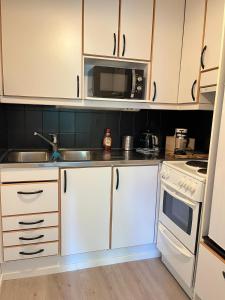 Una cocina con gabinetes blancos, un fregadero y un microondas. en Quietly located one-bedroom apartment near downtown, en Jyväskylä 3 fotos más