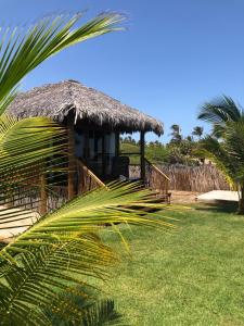 a hut with a grass roof and a palm tree at Ventos do Delta Kite Chalés in Tutóia +32 photos