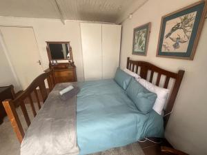 a bedroom with a bed with a blue sheets and a television at Sanctum in Smithfield