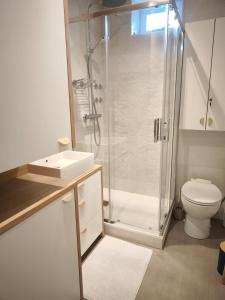 a bathroom with a shower and a toilet at L'Harmonie des Vagues in Granville +36 photos