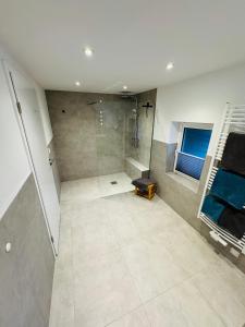 a bathroom with a shower and a walk in shower at Brauhaus und Pension Babben in Lübbenau