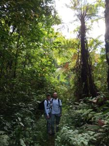 two people walking down a trail in the jungle at 3 days jungle trekking adventure tour and camping in Munduk