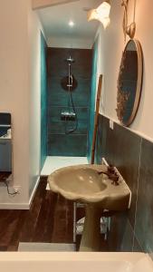 a bathroom with a sink and a shower at Romantique Love Room L Amour sous les Tropiques in Sémussac