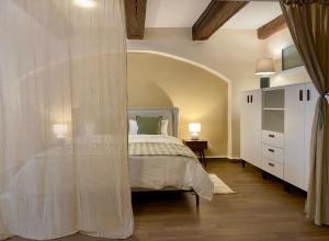 a bedroom with a bed with a curtain around it at Großzügiges 1 Zimmer-Apartment mit Badewanne in Pirna