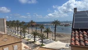 a view of a beach with palm trees and a solar panel at Casa Frijol 20metres from the beach in Los Alcázares