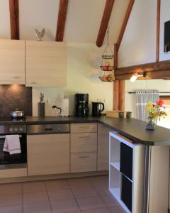 a kitchen with a stove and a counter top at Ferienhaus 87 am Silbersee in Frielendorf +16 photos